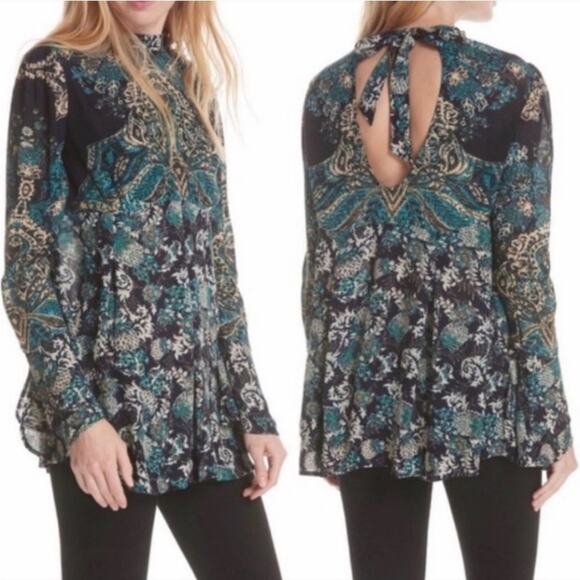 Free People Navy Blue & Green LongSleeve Lady Luck Tunic Size XS NWT